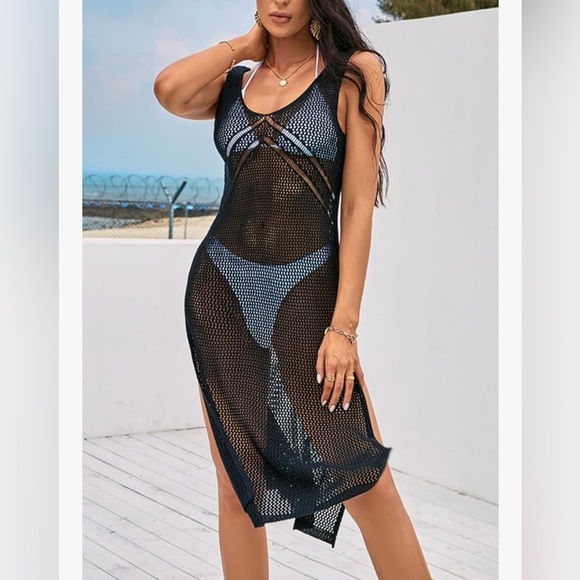 Women's Cupshe Black Crocheted Knit Sheer Backless Side Slit Swim CoverUp Dress - Picture 7 of 7